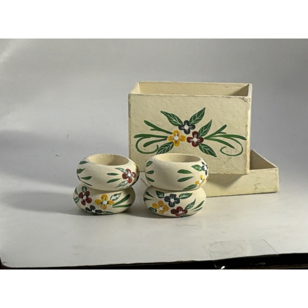Painted Floral Box W 4 Painted Floral Napkin Rings 4" x 2.5" Storage Box
